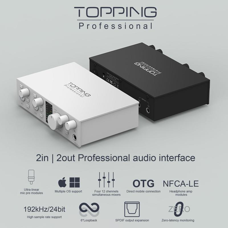 Interface de áudio USB TOPPING E2x2 OTG com pré-amplificador